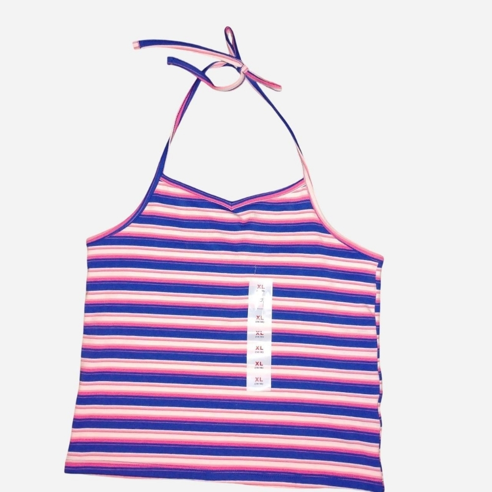 NWT Old Navy Girls XL (14-16) Striped Halter Crop Tank Top - Blue/Pink/White